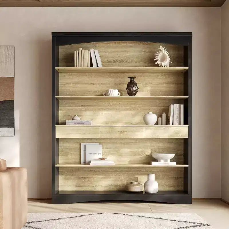 Libreria aperta a 5 ripiani con 3 cassetti, rovere nero e chiaro – Uso per adulti