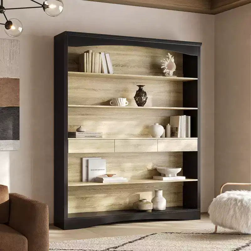 Libreria aperta a 5 ripiani con 3 cassetti, rovere nero e chiaro – Uso per adulti
