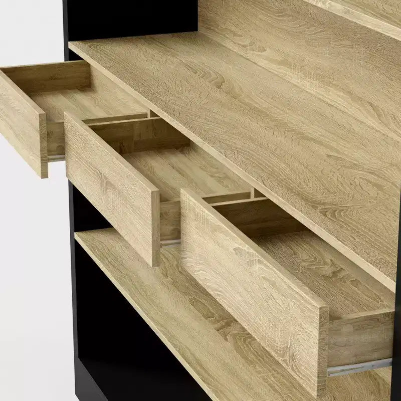 Libreria aperta a 5 ripiani con 3 cassetti, rovere nero e chiaro – Uso per adulti