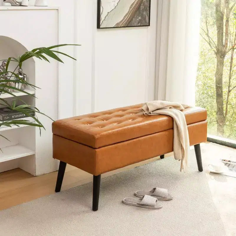 Panca Contenitore Ottomana Rettangolare — Marrone / Grigio Scuro / Bianco Sporco, Pelle PU, Posti a sedere 1