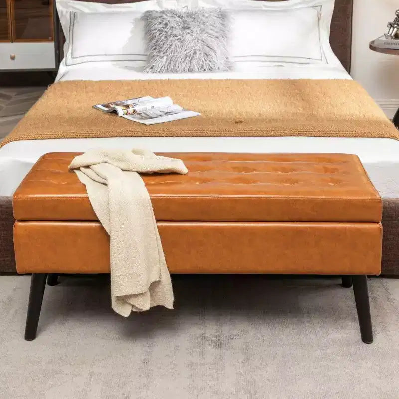 Panca Contenitore Ottomana Rettangolare — Marrone / Grigio Scuro / Bianco Sporco, Pelle PU, Posti a sedere 1
