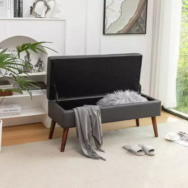 Panca Contenitore Ottomana Rettangolare — Marrone / Grigio Scuro / Bianco Sporco, Pelle PU, Posti a sedere 1