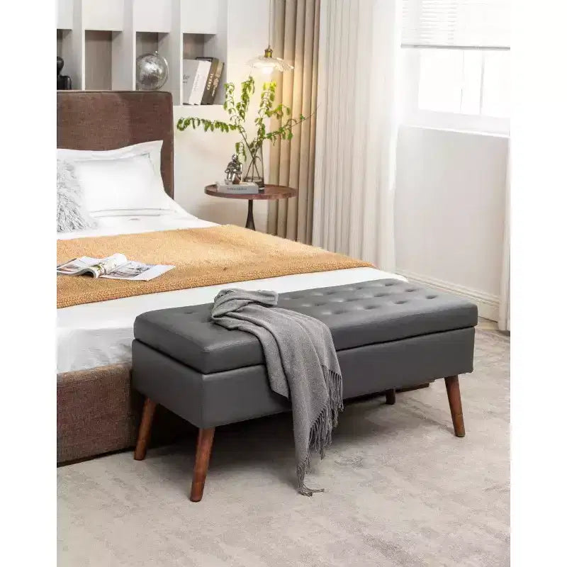 Panca Contenitore Ottomana Rettangolare — Marrone / Grigio Scuro / Bianco Sporco, Pelle PU, Posti a sedere 1