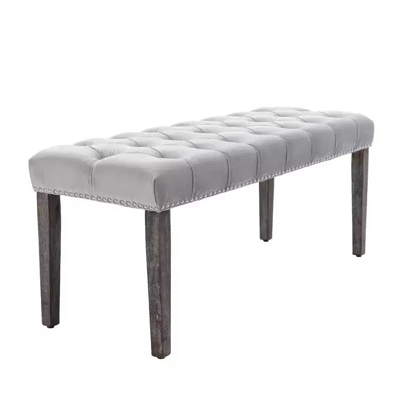 Panca in Velluto Trapuntato con Gambe in Legno – Beige / Grigio Chiaro, Posto Singolo