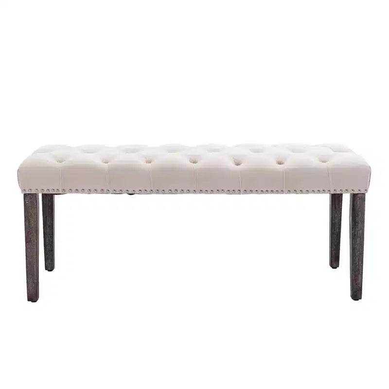 Panca in Velluto Trapuntato con Gambe in Legno – Beige / Grigio Chiaro, Posto Singolo