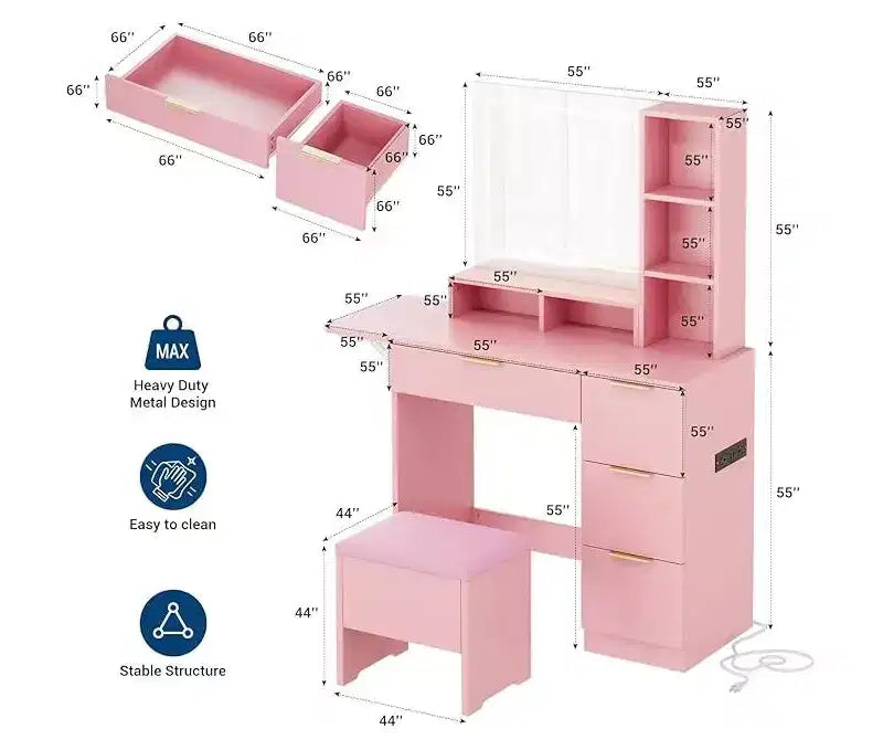 Tavolino da trucco illuminato a LED rosa con specchio, scrivania per il trucco monoposto con cassetti