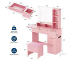 Tavolino da trucco illuminato a LED rosa con specchio, scrivania per il trucco monoposto con cassetti
