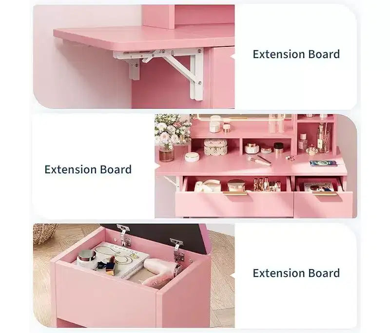 Tavolino da trucco illuminato a LED rosa con specchio, scrivania per il trucco monoposto con cassetti