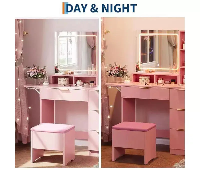 Tavolino da trucco illuminato a LED rosa con specchio, scrivania per il trucco monoposto con cassetti