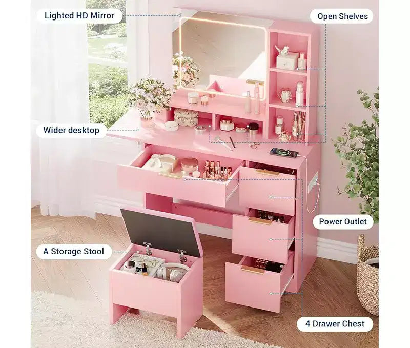 Tavolino da trucco illuminato a LED rosa con specchio, scrivania per il trucco monoposto con cassetti
