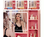 Tavolino da trucco illuminato a LED rosa con specchio, scrivania per il trucco monoposto con cassetti