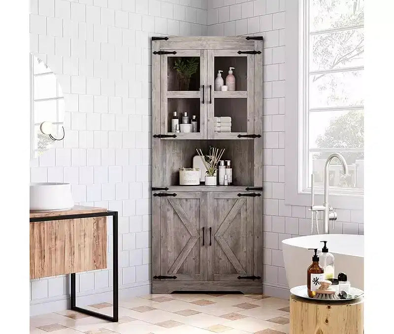 Mobile angolare in legno grigio lavato con anta scorrevole a granaio, 5 ripiani, a pavimento, montaggio da 1 persona
